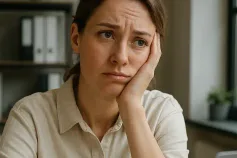 Werknemer kijkt nadenkend uit het raam tijdens werkdag