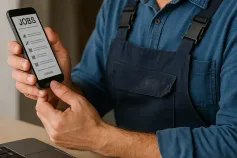 Person searching for job opportunities on social media using a smartphone and laptop