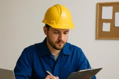 Candidate preparing for a job interview with notes and a laptop