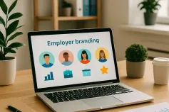 Team brainstorming employer branding with sticky notes and a laptop