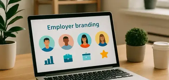 Équipe réfléchissant à la marque employeur avec des post-it et un ordinateur portable