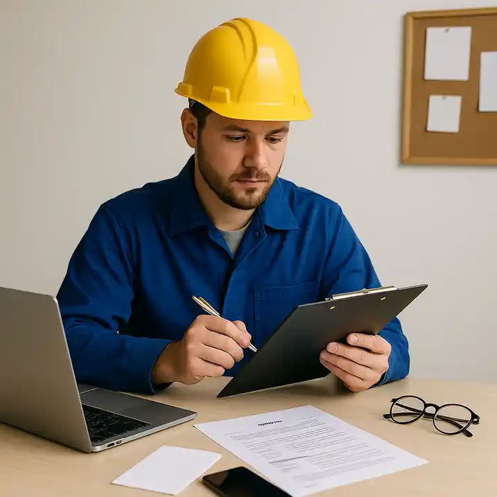 Candidate preparing for a job interview with notes and a laptop