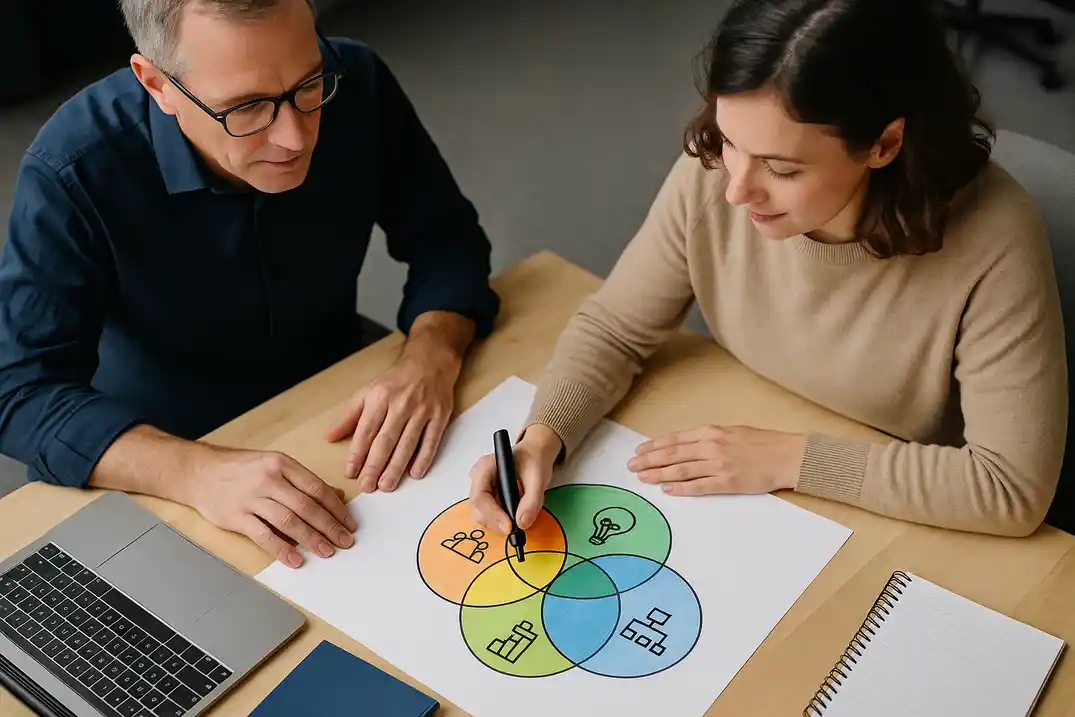 Two colleagues discuss a drawn diagram of collaboration and workplace culture.