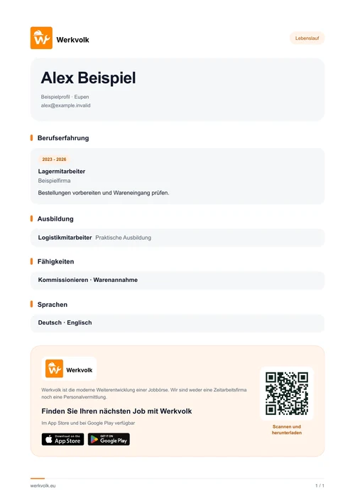 Beispiel eines Werkvolk-PDF-Lebenslaufs mit Erfahrung, Ausbildung, Fähigkeiten und Sprachen