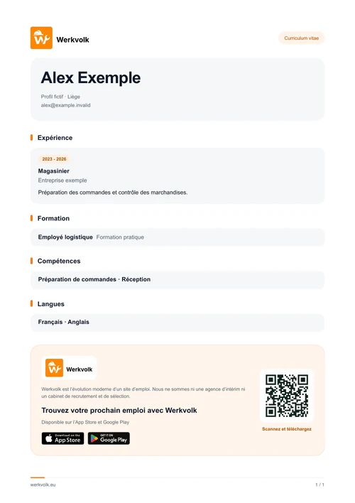 Exemple de CV Werkvolk en PDF avec expérience, formation, compétences et langues