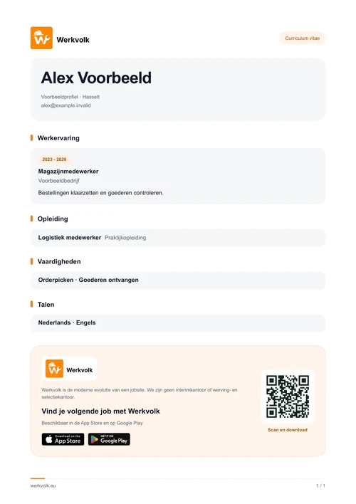 Voorbeeld van een Werkvolk-cv als PDF met werkervaring, opleiding, vaardigheden en talen