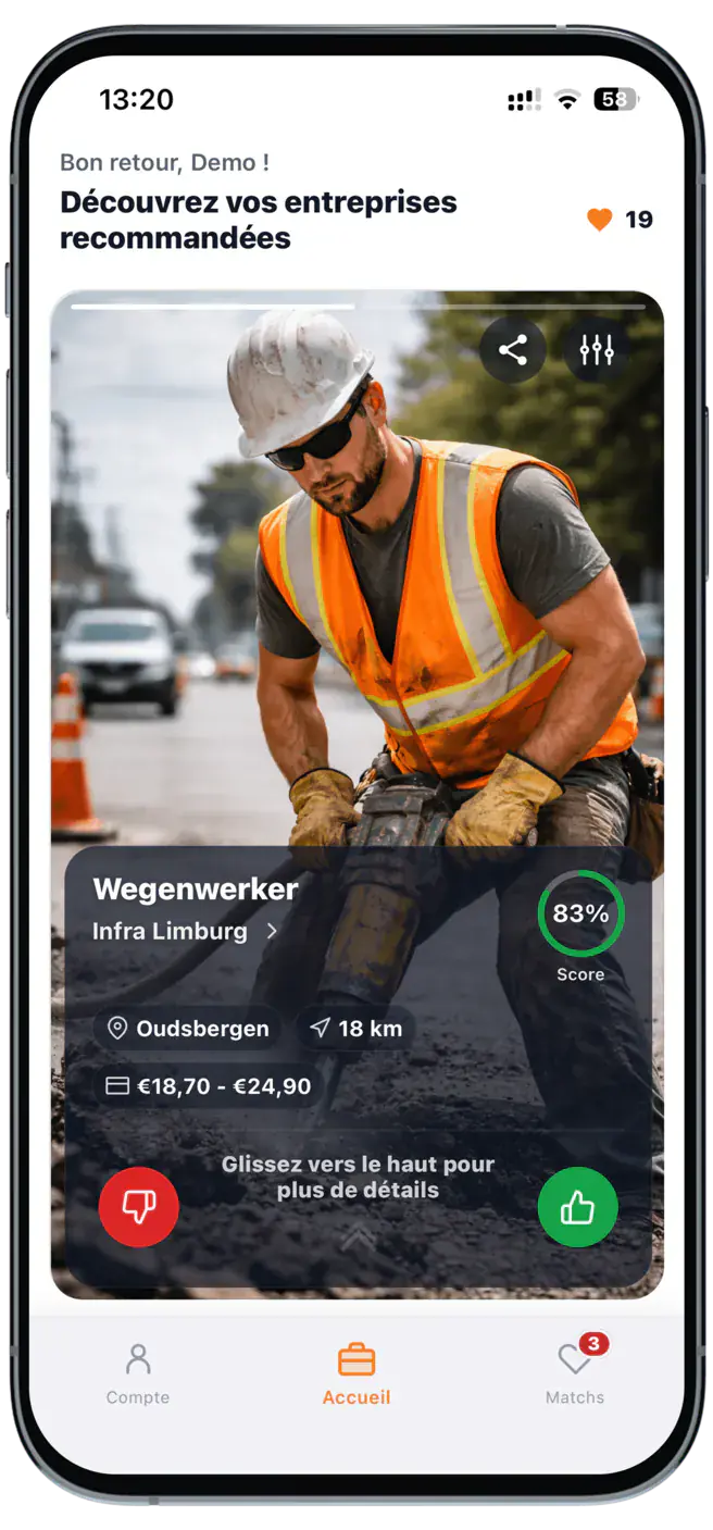 Smartphone montrant l'app Werkvolk, une carte de poste avec vidéo d'entreprise, score de match et salaire
