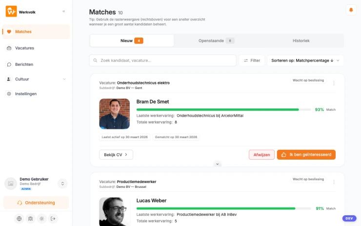 Werkvolk matching dashboard with candidate cards and match scores