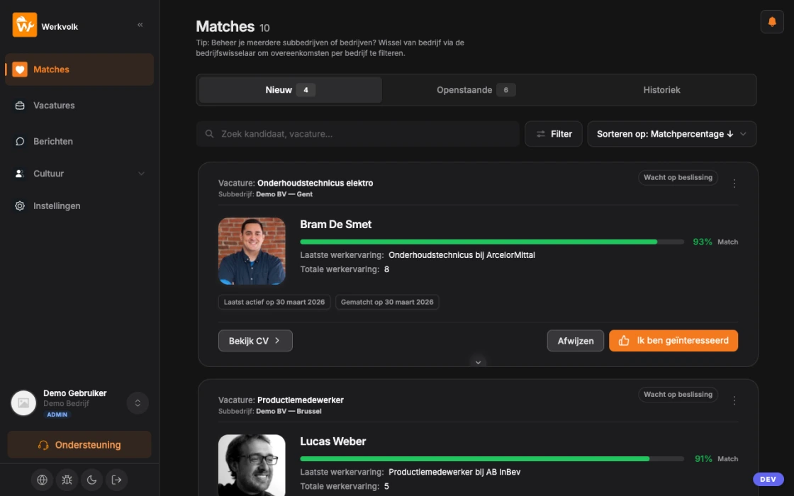 Übersicht Jobmatch Engine mit Matchscores und Filtern