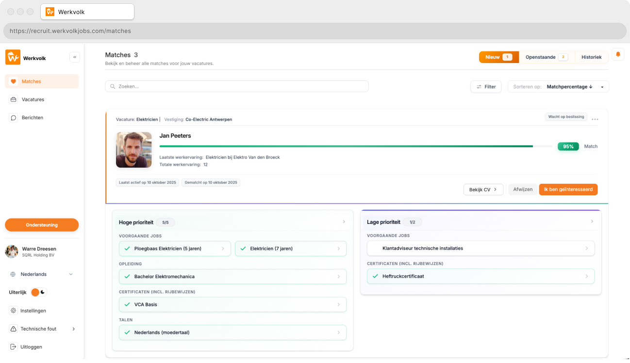 Jobmatch Engine overview with match scores and filters