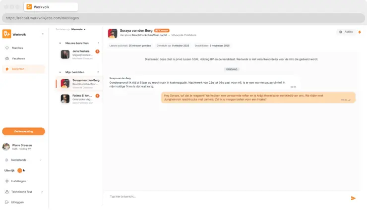 Chat window to talk directly with candidates.